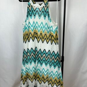 Chevron Knit Halter Dress in Teal, Gold & White